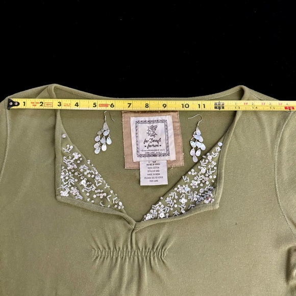 Women’s Top - Olive Green V-Neck with Sequins by For Joseph Fortune - Size M - Picture 7 of 16
